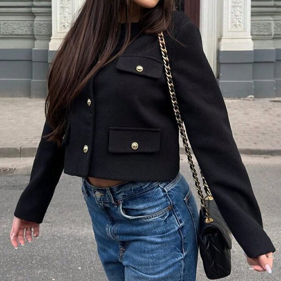 Black Elegant Women's Casual Tweed Jacket Decorated Long Sleeve Coat